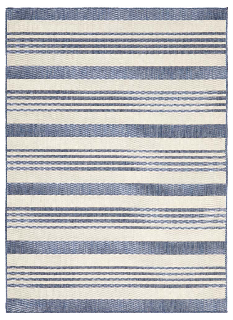 Ariel Blue outdoor rug – coastal striped flatweave design in blue and ivory, perfect for patios, decks, and indoor-outdoor spaces.