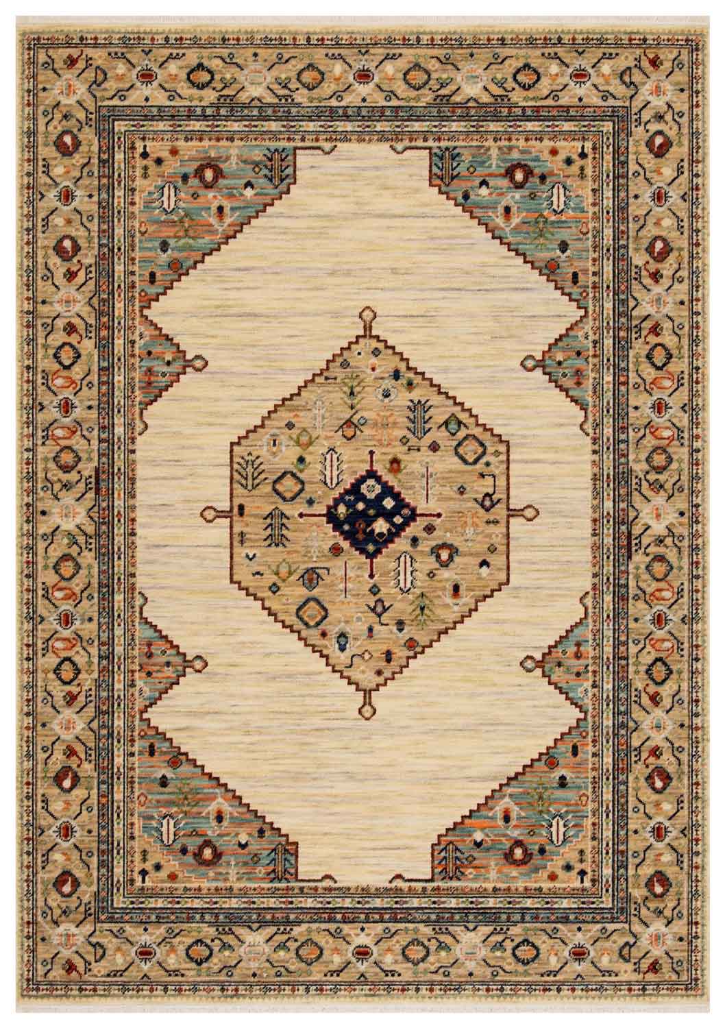 Walter Bazaar Sand rug – traditional wool rug with beige base, intricate medallion design and multicoloured border detailing. Available at Rugs N Timber Belrose