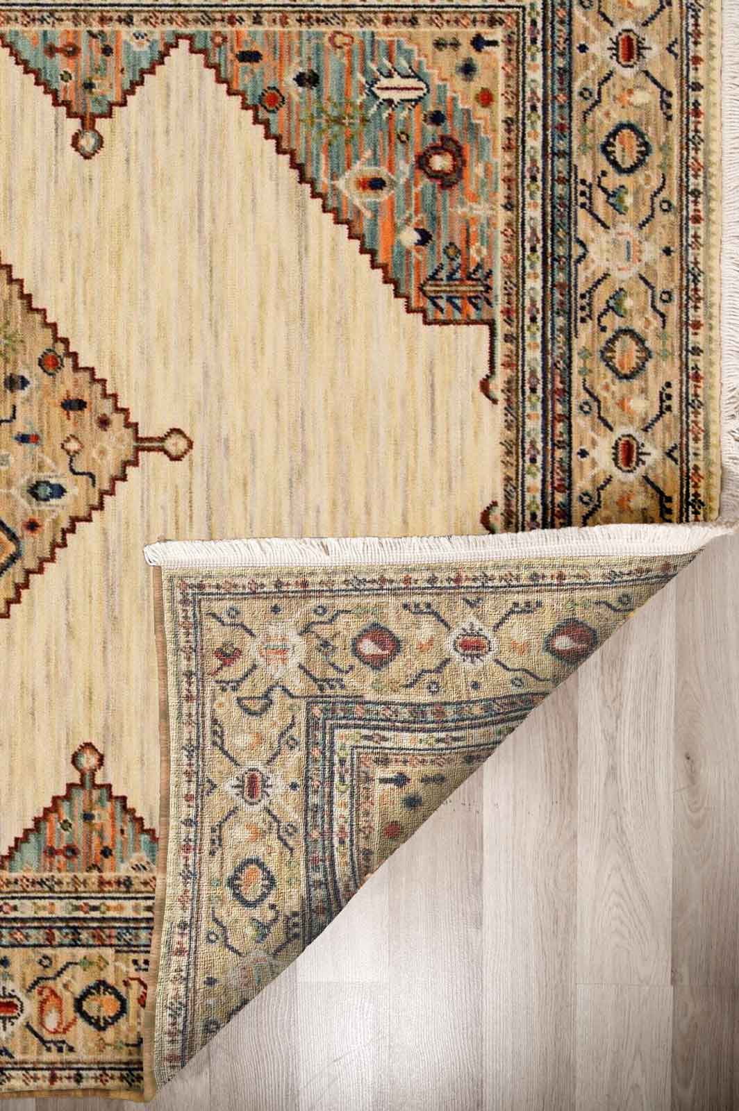 Walter Bazaar Sand rug – traditional wool rug with beige base, intricate medallion design and multicoloured border detailing. Available at Rugs N Timber Belrose