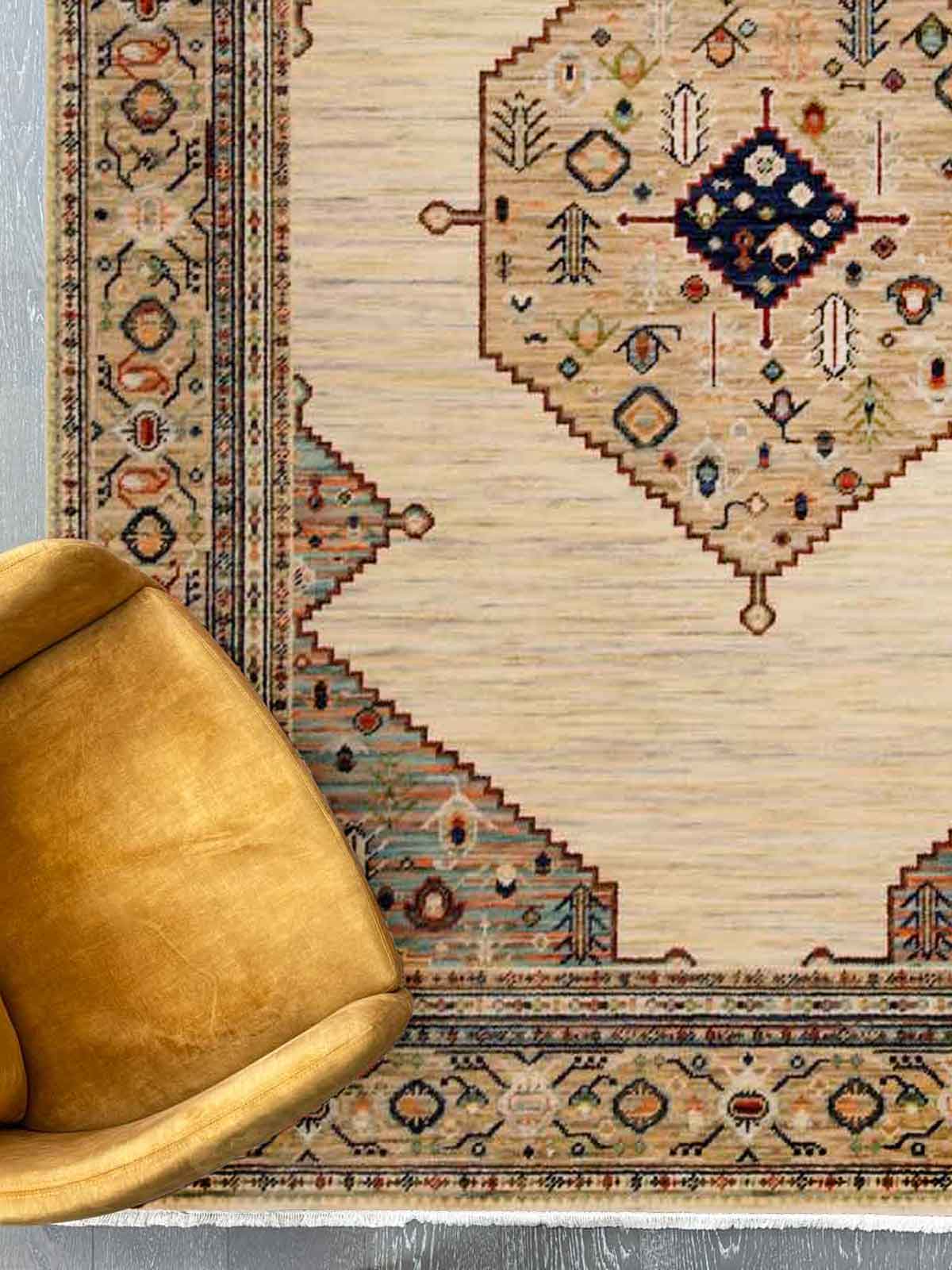 Walter Bazaar Sand rug – traditional wool rug with beige base, intricate medallion design and multicoloured border detailing. Available at Rugs N Timber Belrose