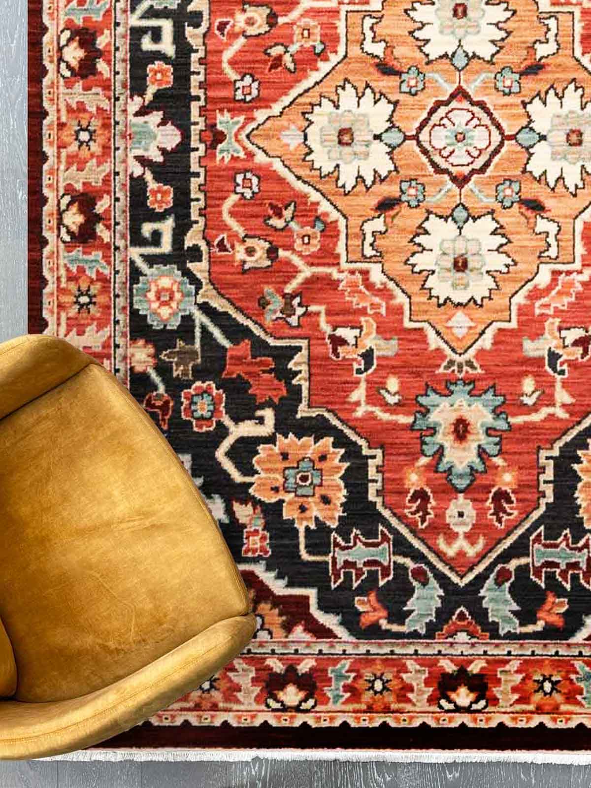 Walter Heritage Midnight rug – navy and rust wool rug with traditional Persian-inspired medallion pattern. Available at Rugs N Timber Belrose