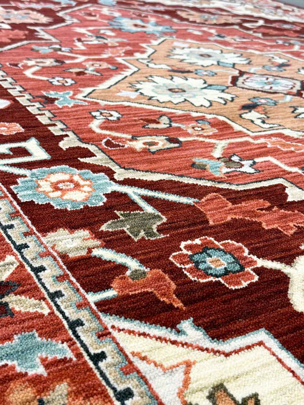 Walter Heritage Spice rug – traditional Axminster wool rug in warm red and tones with intricate medallion design. Available at Rugs N Timber Belrose.