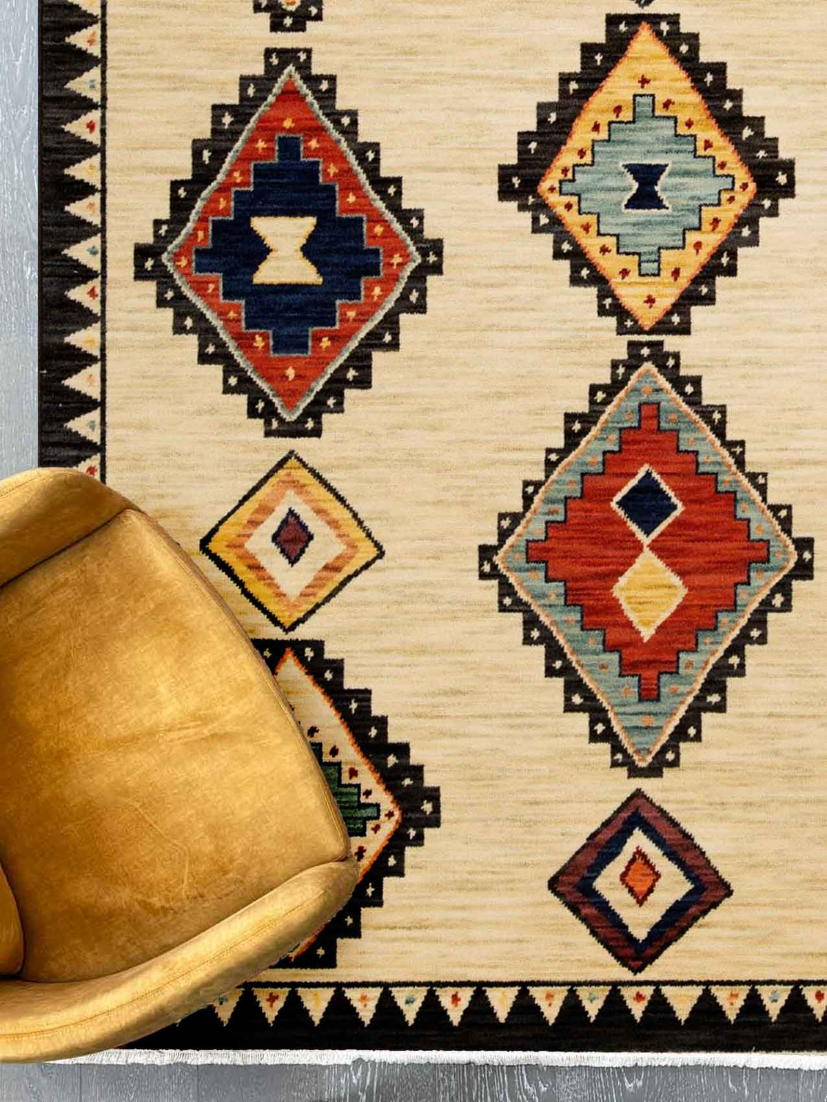 Walter Nomad Sand rug – tribal wool rug with cream base and colourful geometric diamond patterns, inspired by traditional design. Available at Rugs N Timber Belrose