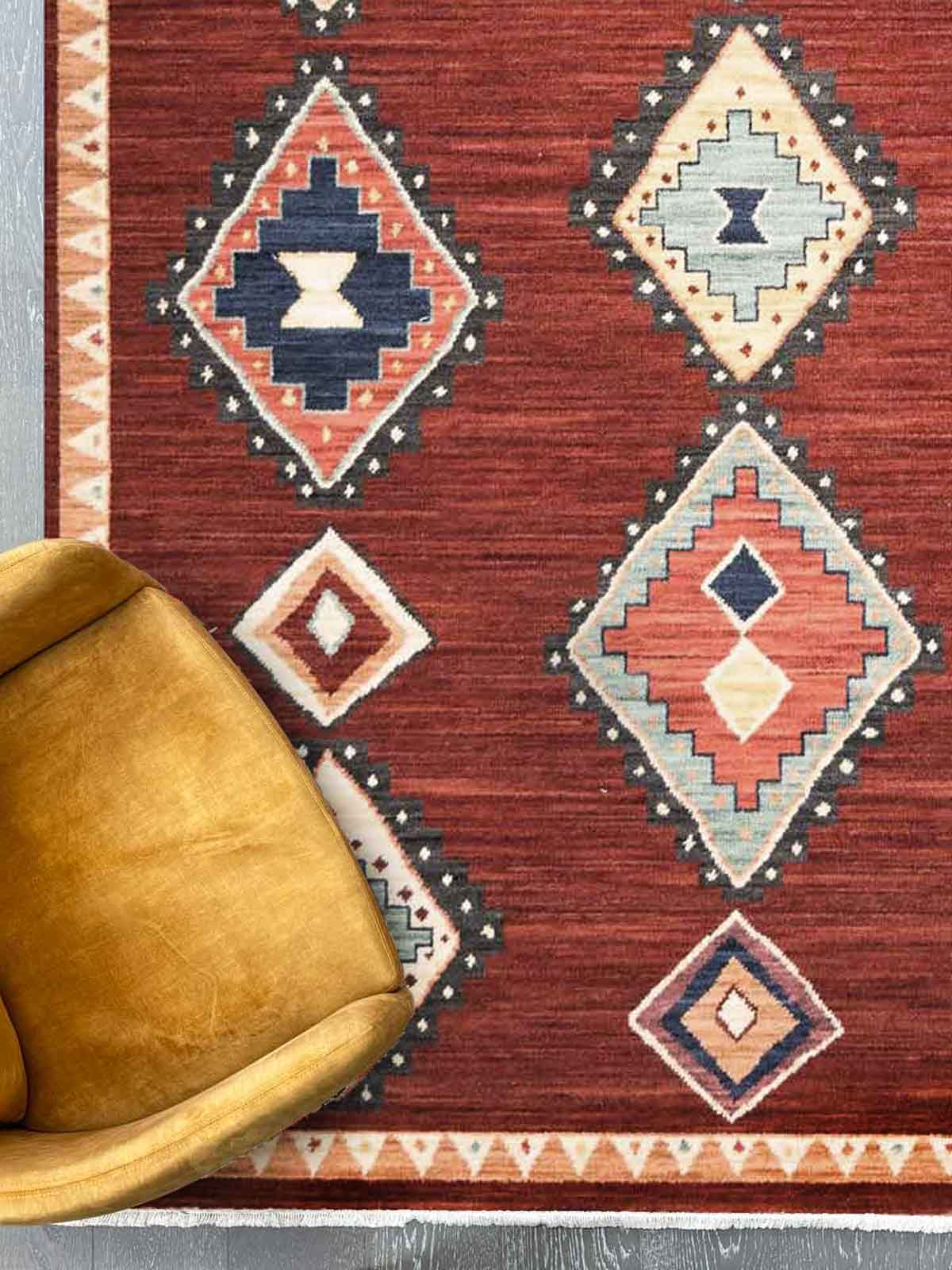 Walter Nomad Spice rug – traditional tribal wool rug in deep red tones with colourful geometric diamond motifs. Available at Rugs N Timber Belrose.