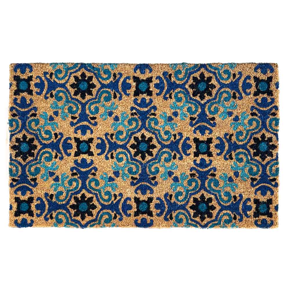 PVC backed coir doormat with a blue mosaic tile pattern, made from natural coconut fibers. Durable and decorative. Available at Rugs N Timber Belrose.