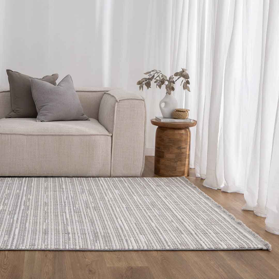 Cortona Silverstone Horizon Rug | Elegant grey horizontal striations with a modern finish | Rugs N Timber Belrose