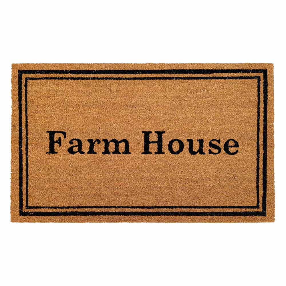 PVC backed coir doormat with “Farm House” in black text, made from natural coconut fibers. Ideal for front doors and entryways. Rugs N Timber Belrose