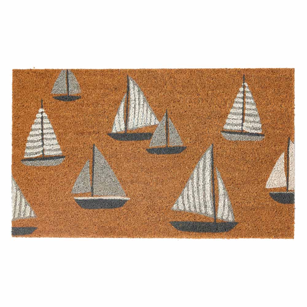 PVC Backed Coir Doormat - Sailing design featuring natural coconut fibers with a nautical sailboat motif, durable and ideal for entryways
