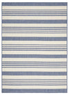 Ariel Blue outdoor rug – coastal striped flatweave design in blue and ivory, perfect for patios, decks, and indoor-outdoor spaces.