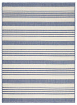 Ariel Blue outdoor rug – coastal striped flatweave design in blue and ivory, perfect for patios, decks, and indoor-outdoor spaces.