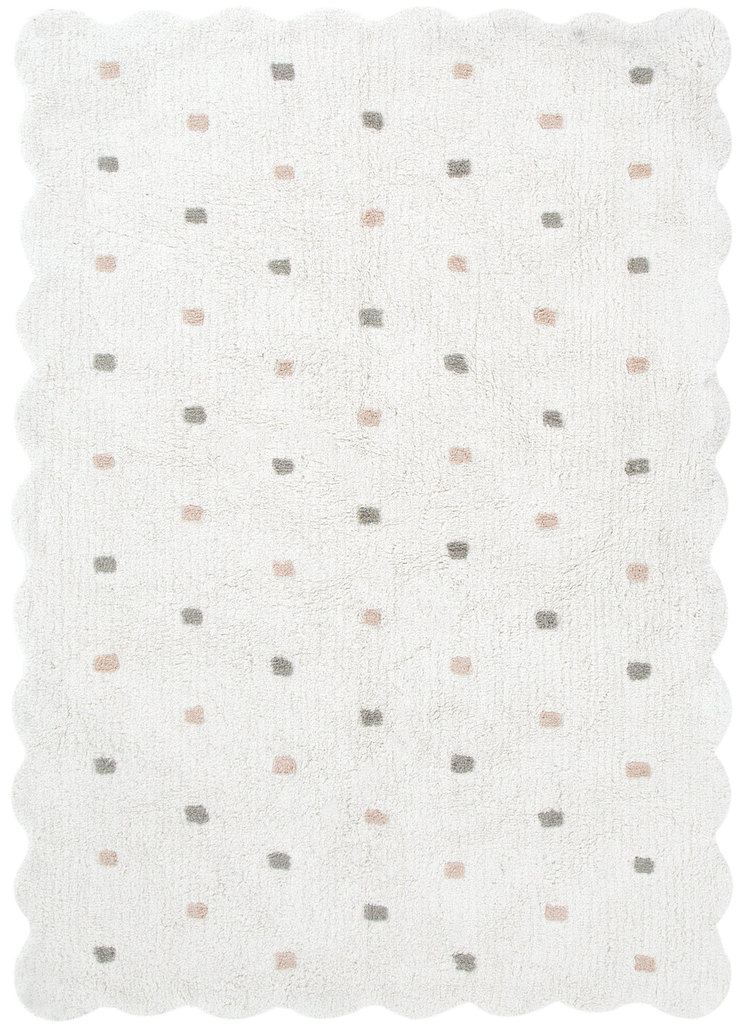 Como Cloud rug – cotton kids rug in soft white with subtle pastel dots and scalloped edge design, plush and lightweight. Available at Rugs N Timber Belrose