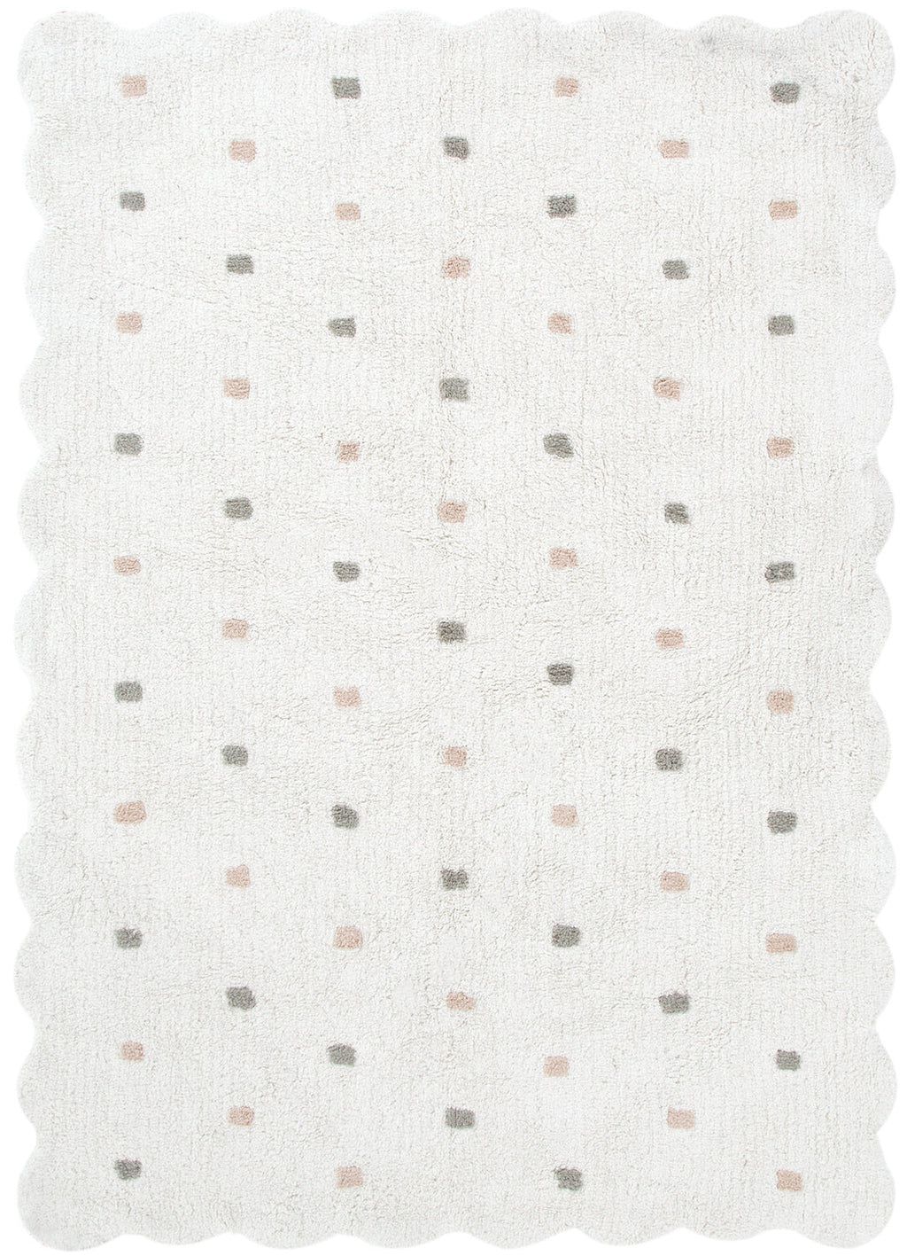 Como Cloud rug – cotton kids rug in soft white with subtle pastel dots and scalloped edge design, plush and lightweight. Available at Rugs N Timber Belrose