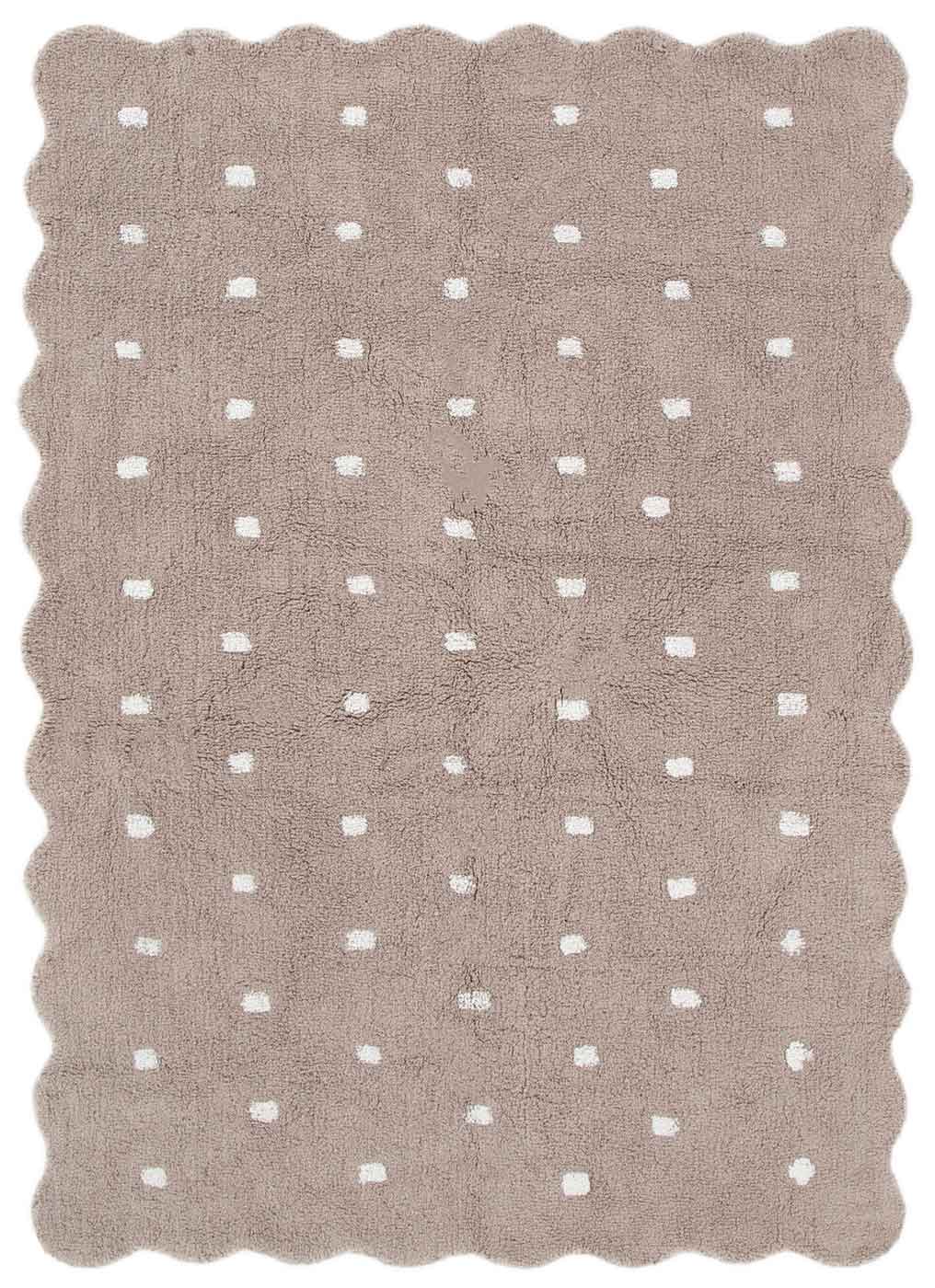 Como Mushroom rug – soft cotton kids rug in warm taupe with scalloped edge and dotted pattern, perfect for bedrooms and nurseries. Available at Rugs N Timber Belrose