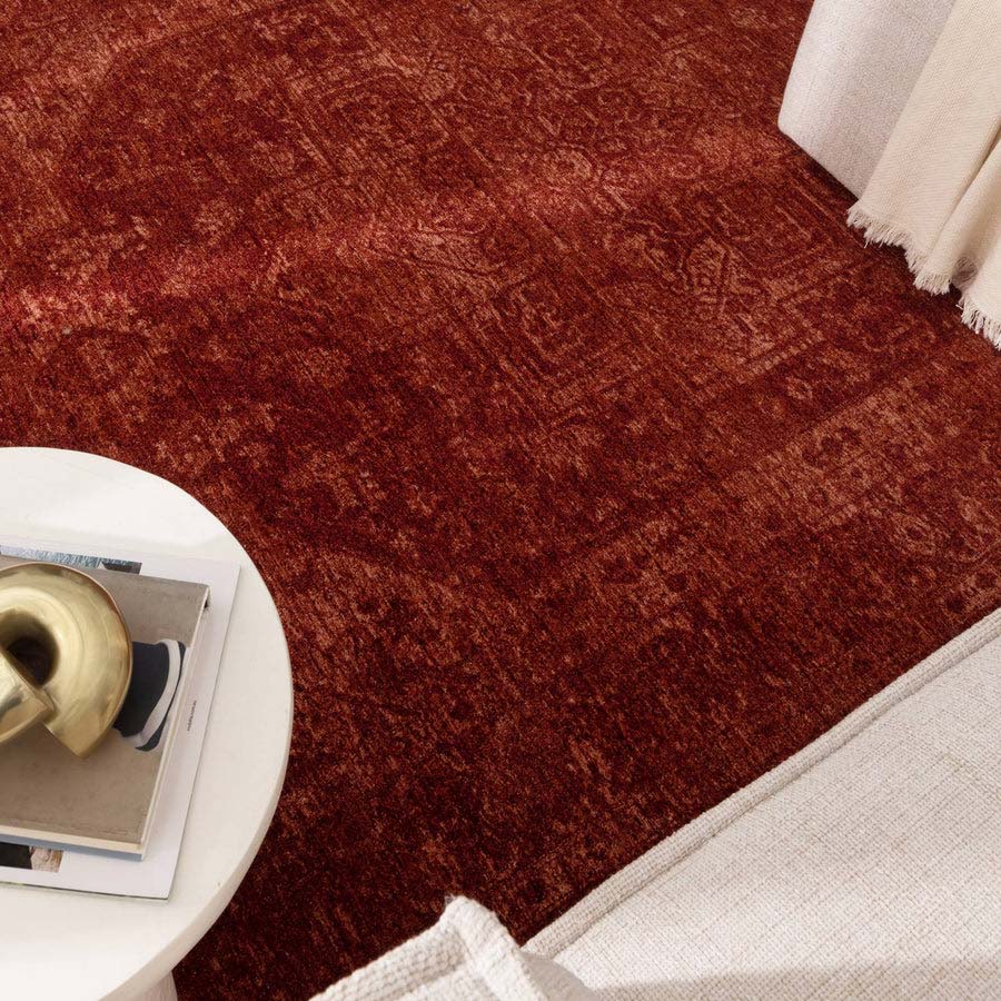 Warm rust tones of the Vienna Château Rug adding richness and texture to a contemporary home – available now at Rugs N Timber Belrose Sydney.