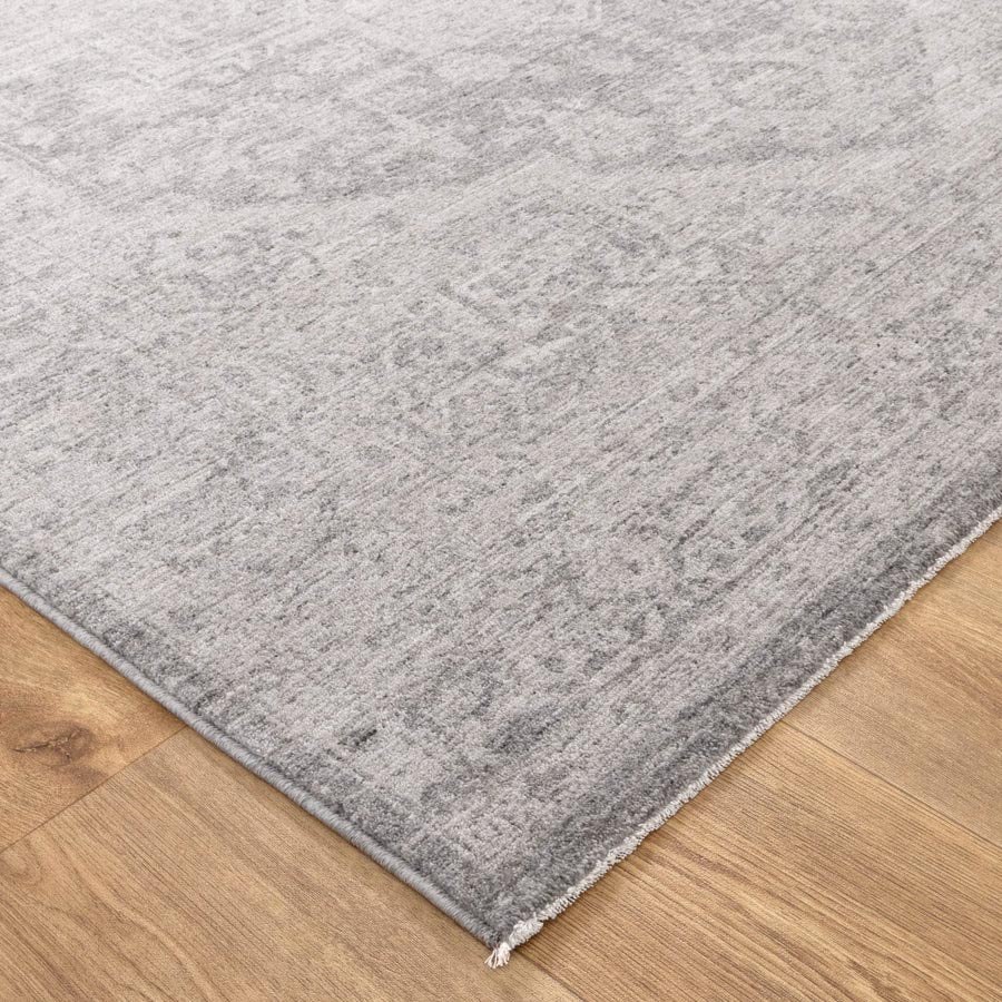 Close-up of Vienna Château Silver Rug corner showing detailed texture and soft polyester pile – visit our Belrose rug store to feel the quality in person