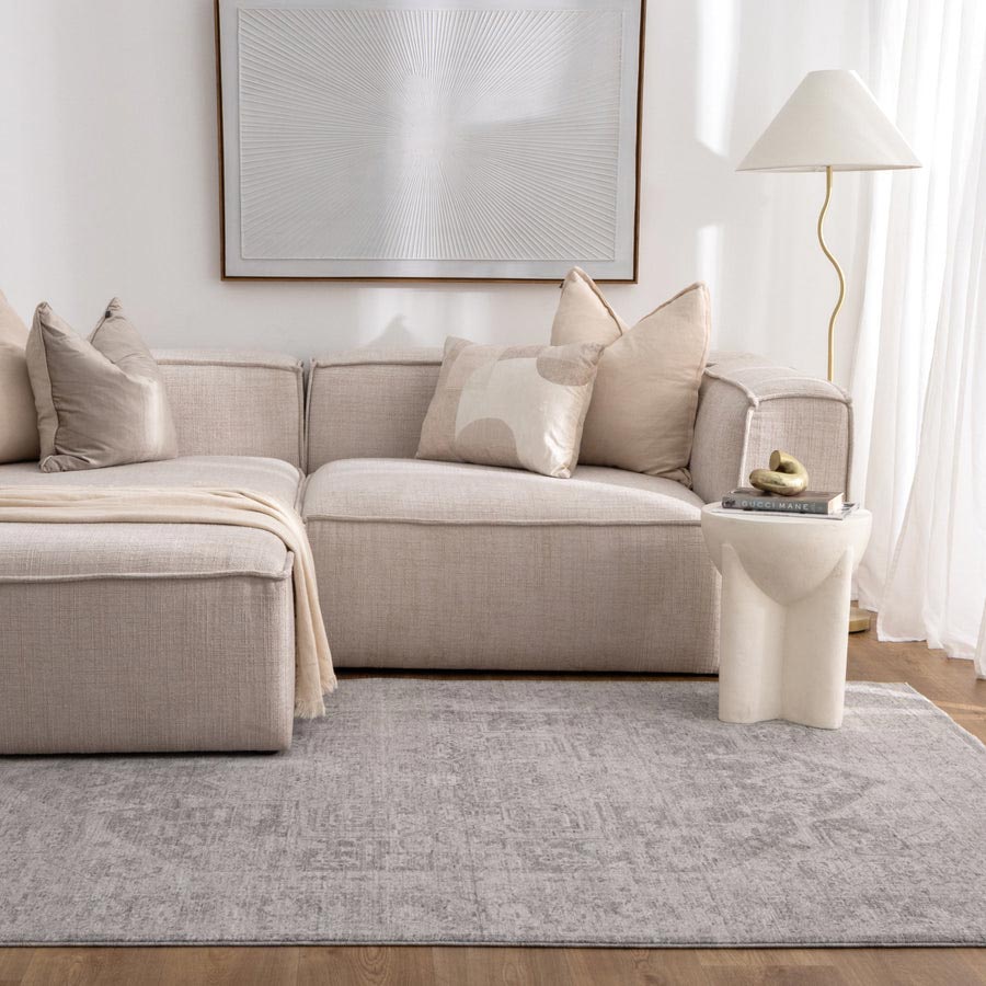 Vienna Château Silver Rug styled in modern living room with neutral sofa and soft lighting – view this design at our Belrose showroom, Northern Beaches.