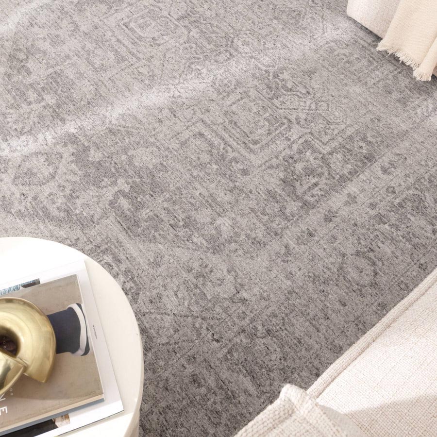 Light grey tones of the Vienna Château Rug adding softness and texture to a contemporary home – available now at Rugs N Timber Belrose Sydney.