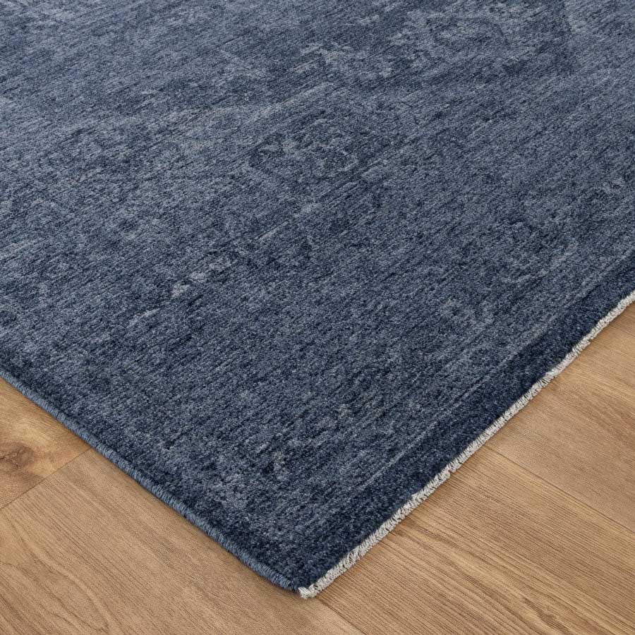 Close-up of Vienna Château Denim Rug corner showing detailed texture and soft polyester pile – visit our Belrose rug store to feel the quality in person