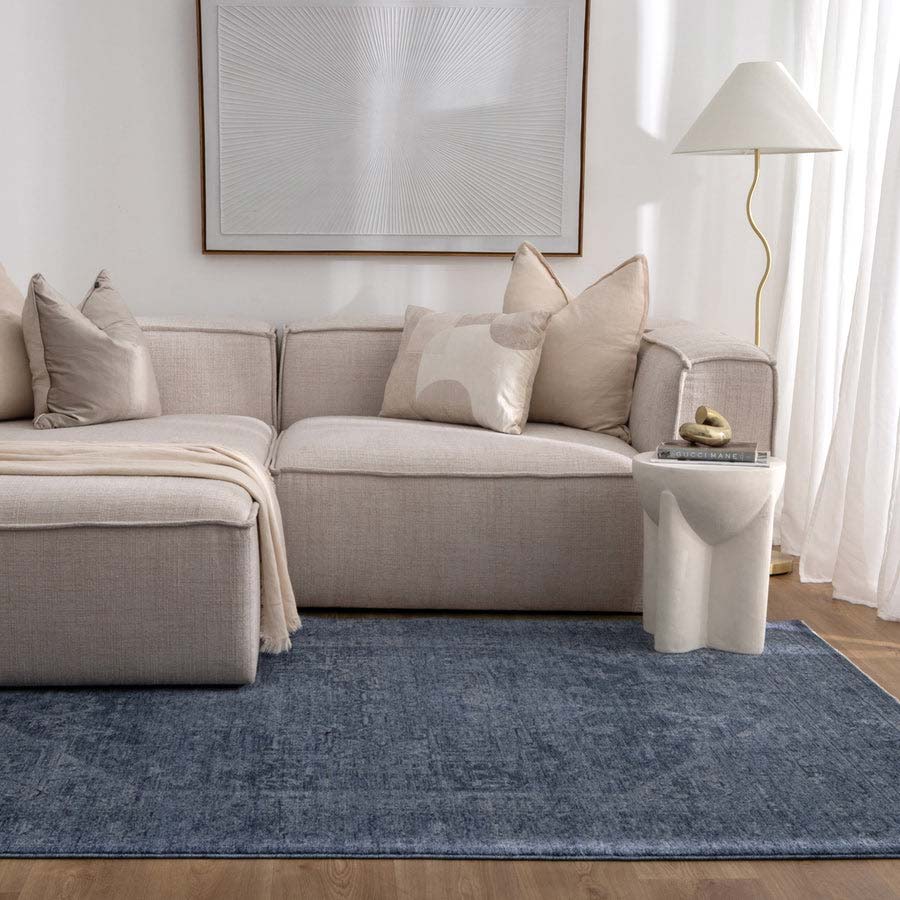 Vienna Château Denim Rug styled in modern living room with neutral sofa and soft lighting – view this design at our Belrose showroom, Northern Beaches.