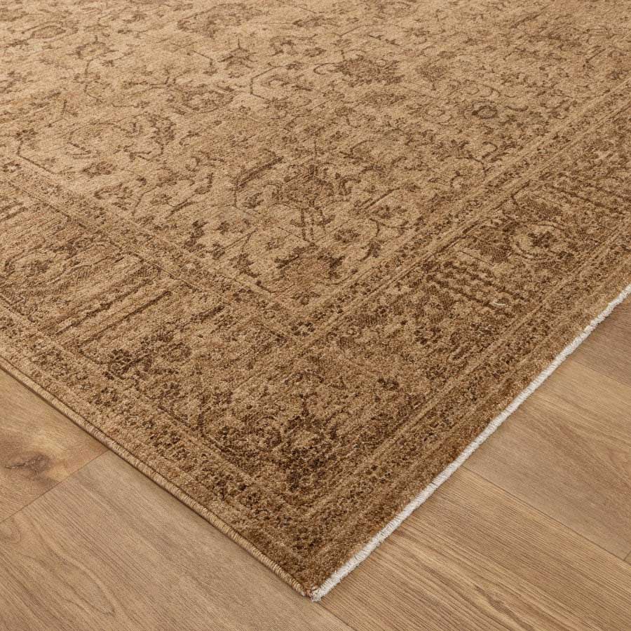 Close-up of Vienna Manor Caramel Rug corner showing detailed texture and soft polyester pile – visit our Belrose rug store to feel the quality in person