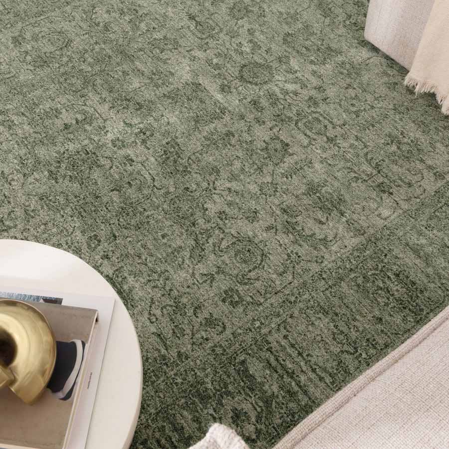 Sage green tones of the Vienna Manor Rug adding softness and texture to a contemporary home – available now at Rugs N Timber Belrose Sydney.