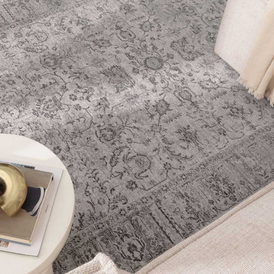 Stone grey tones of the Vienna Manor Rug adding softness and texture to a contemporary home – available now at Rugs N Timber Belrose Sydney.