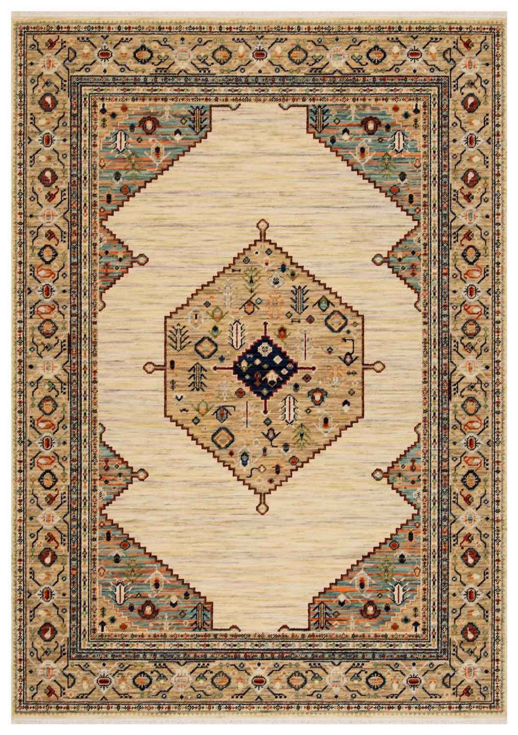Walter Bazaar Sand rug – traditional wool rug with beige base, intricate medallion design and multicoloured border detailing. Available at Rugs N Timber Belrose