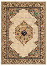 Walter Bazaar Sand rug – traditional wool rug with beige base, intricate medallion design and multicoloured border detailing. Available at Rugs N Timber Belrose