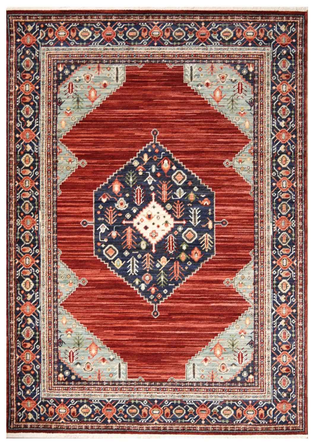 Walter Bazaar Spice rug – red traditional wool rug with navy medallion. Available at Rugs N Timber in Belrose