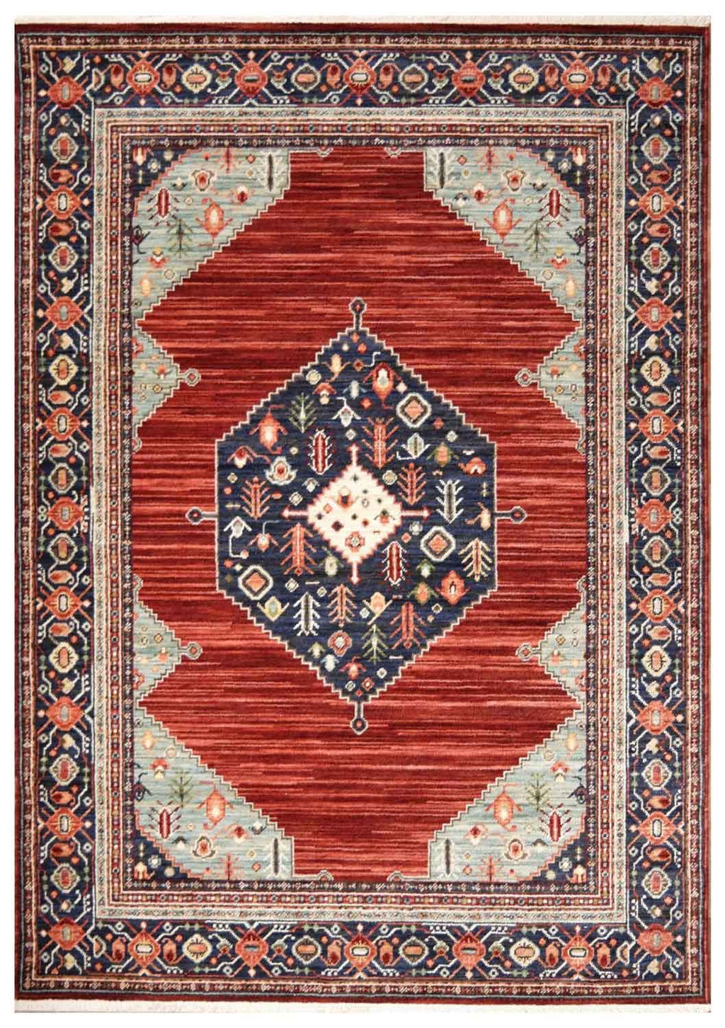 Walter Bazaar Spice rug – red traditional wool rug with navy medallion. Available at Rugs N Timber in Belrose