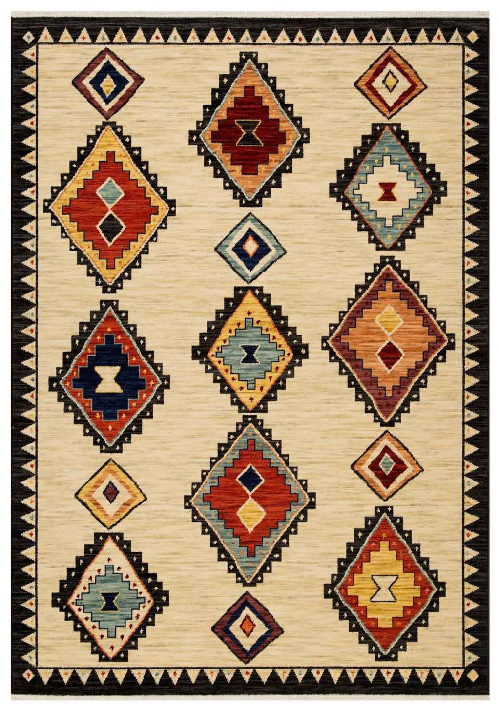 Walter Nomad Sand rug – tribal wool rug with cream base and colourful geometric diamond patterns, inspired by traditional design. Available at Rugs N Timber Belrose
