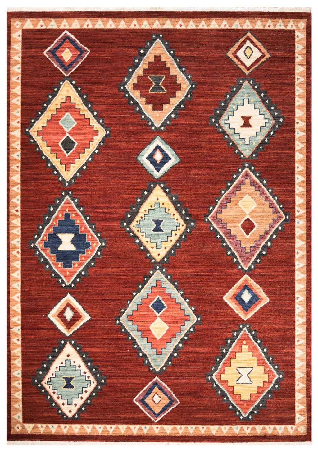 Walter Nomad Spice rug – traditional tribal wool rug in deep red tones with colourful geometric diamond motifs. Available at Rugs N Timber Belrose.