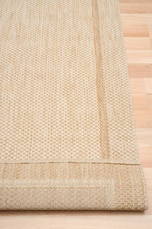 Alfred Border Linen indoor outdoor rug with subtle framed edge, available at Rugs N Timber Belrose showroom