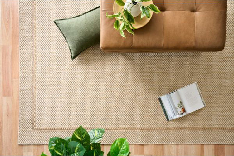 Alfred Border Linen indoor outdoor rug with subtle framed edge, available at Rugs N Timber Belrose showroom
