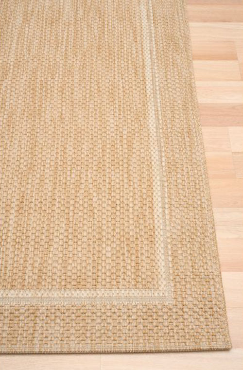 Alfred Border Sand indoor outdoor rug with defined border design, available at Rugs N Timber Belrose showroom