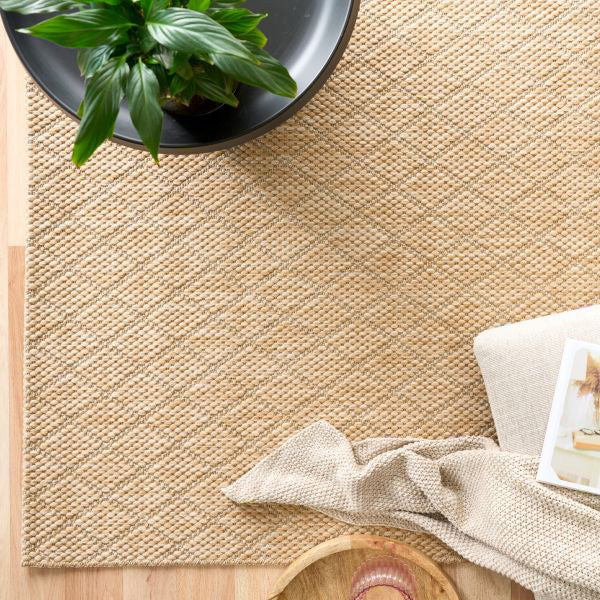 Alfred Diamond Sand indoor outdoor rug with subtle diamond pattern, available at Rugs N Timber Belrose showroom