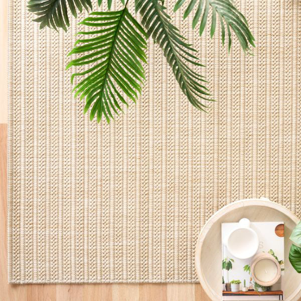 Alfred Stripes Linen indoor outdoor rug with soft linear texture, available at Rugs N Timber Belrose showroom