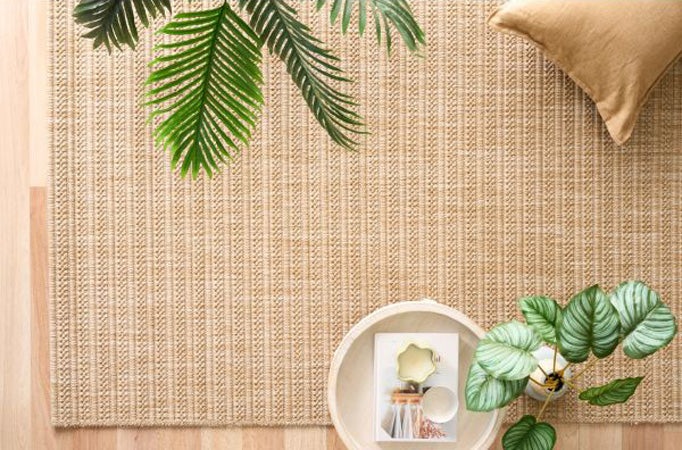 Alfred Stripes Sand indoor outdoor rug with modern linear design, available at Rugs N Timber Belrose showroom