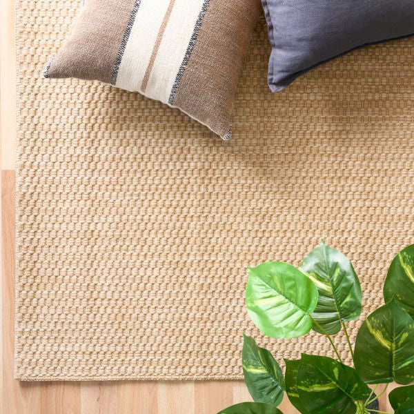 Alfred Weave Sand indoor outdoor rug in warm neutral tone, available at Rugs N Timber Belrose showroom