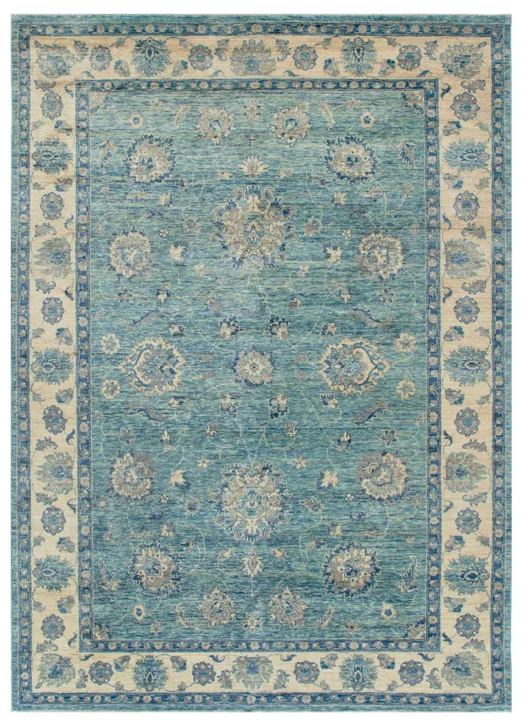 Azure Garden Afghan wool rug — teal field with floral medallions and cream border — handmade, natural dyes