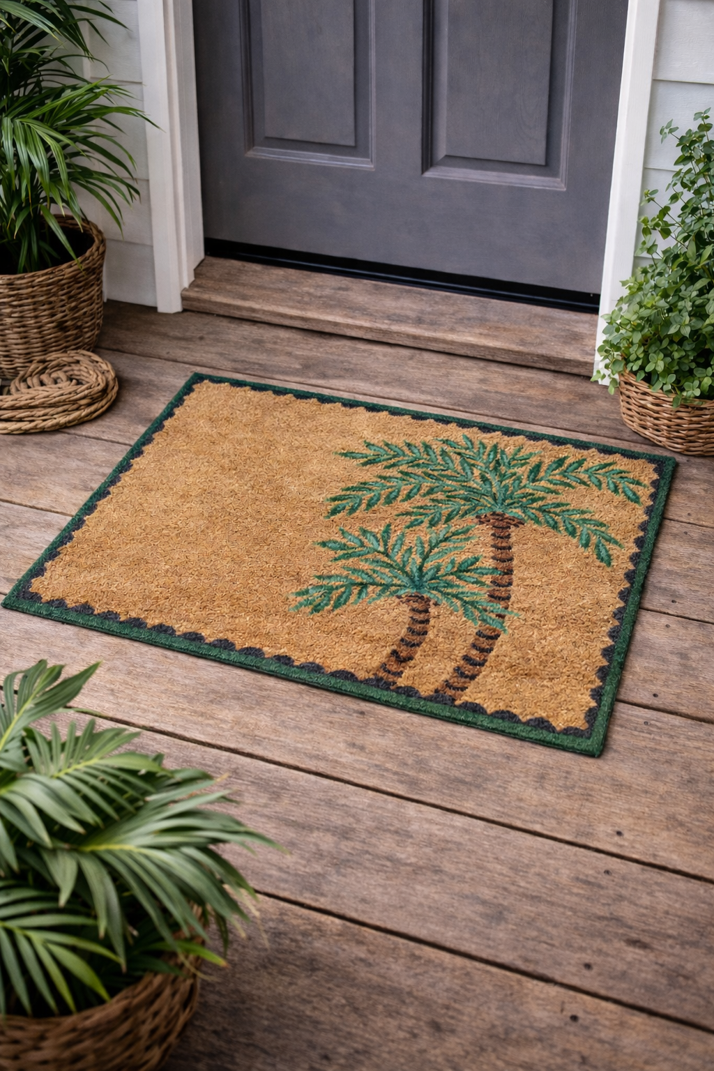 Bermuda palm tree coastal design natural coir doormat with PVC backing. Available at Rugs N Timber Belrose
