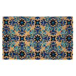 PVC backed coir doormat with a blue mosaic tile pattern, made from natural coconut fibers. Durable and decorative. Available at Rugs N Timber Belrose.