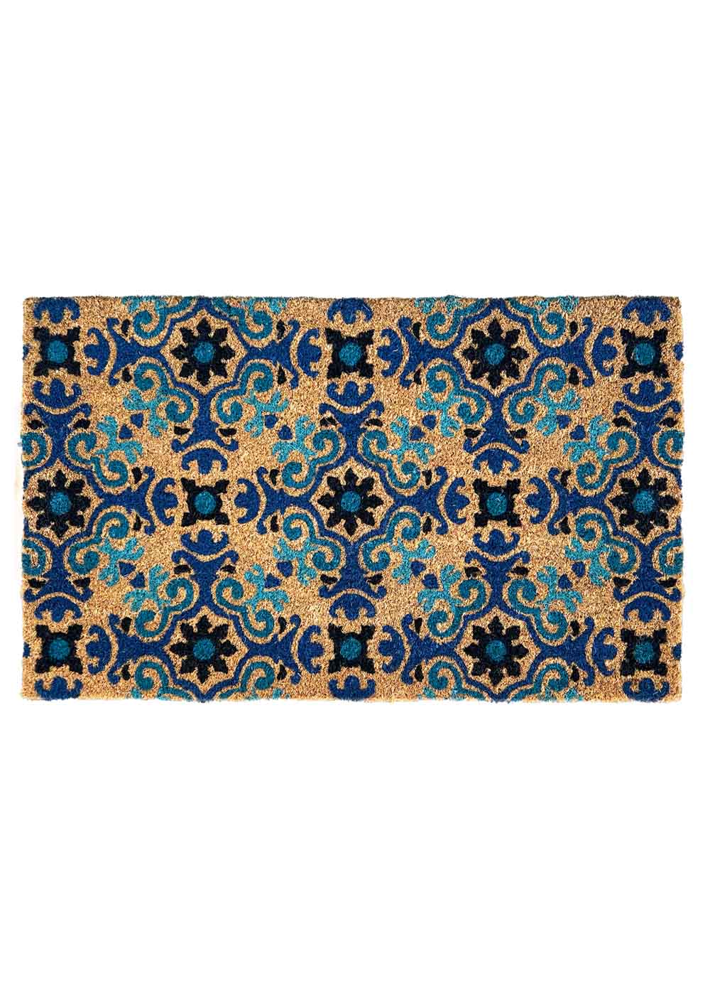PVC backed coir doormat with a blue mosaic tile pattern, made from natural coconut fibers. Durable and decorative. Available at Rugs N Timber Belrose.