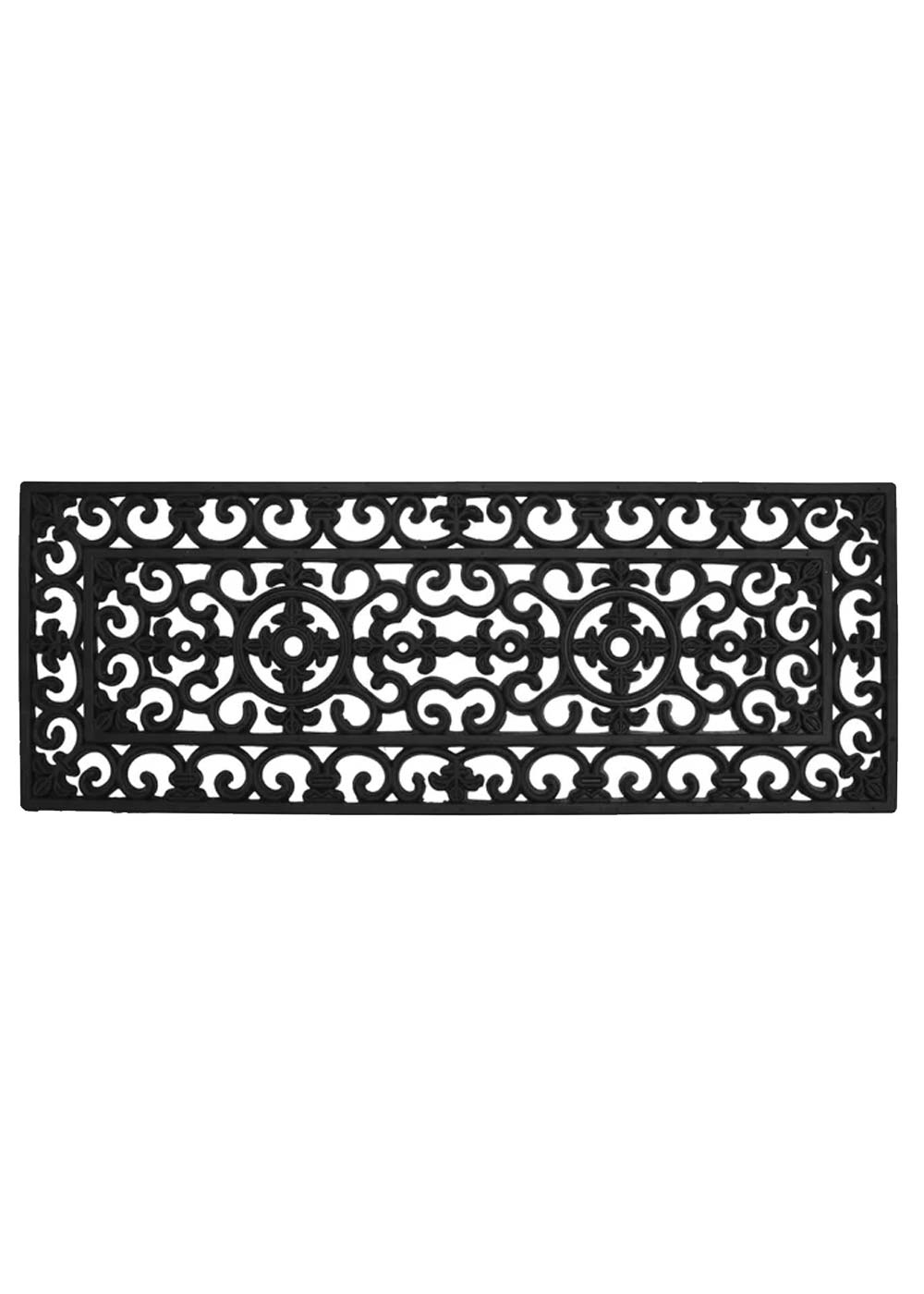 Decorative black rubber door mat with intricate classic ornate design. Suitable for outdoors. Available at Rugs N Timber Belrose