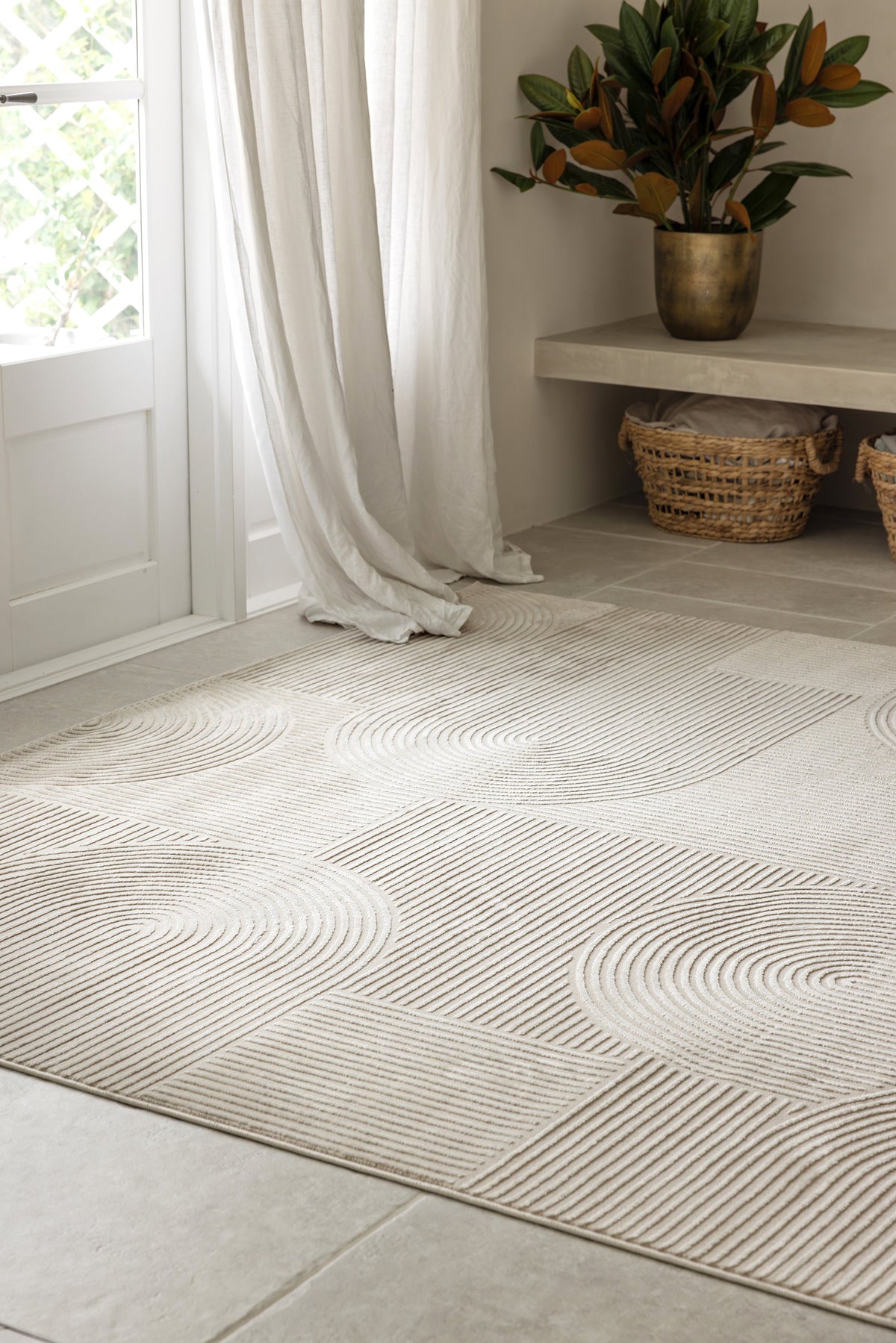 Colette Linen rug with soft arch pattern and neutral tones available at Rugs N Timber Belrose showroom