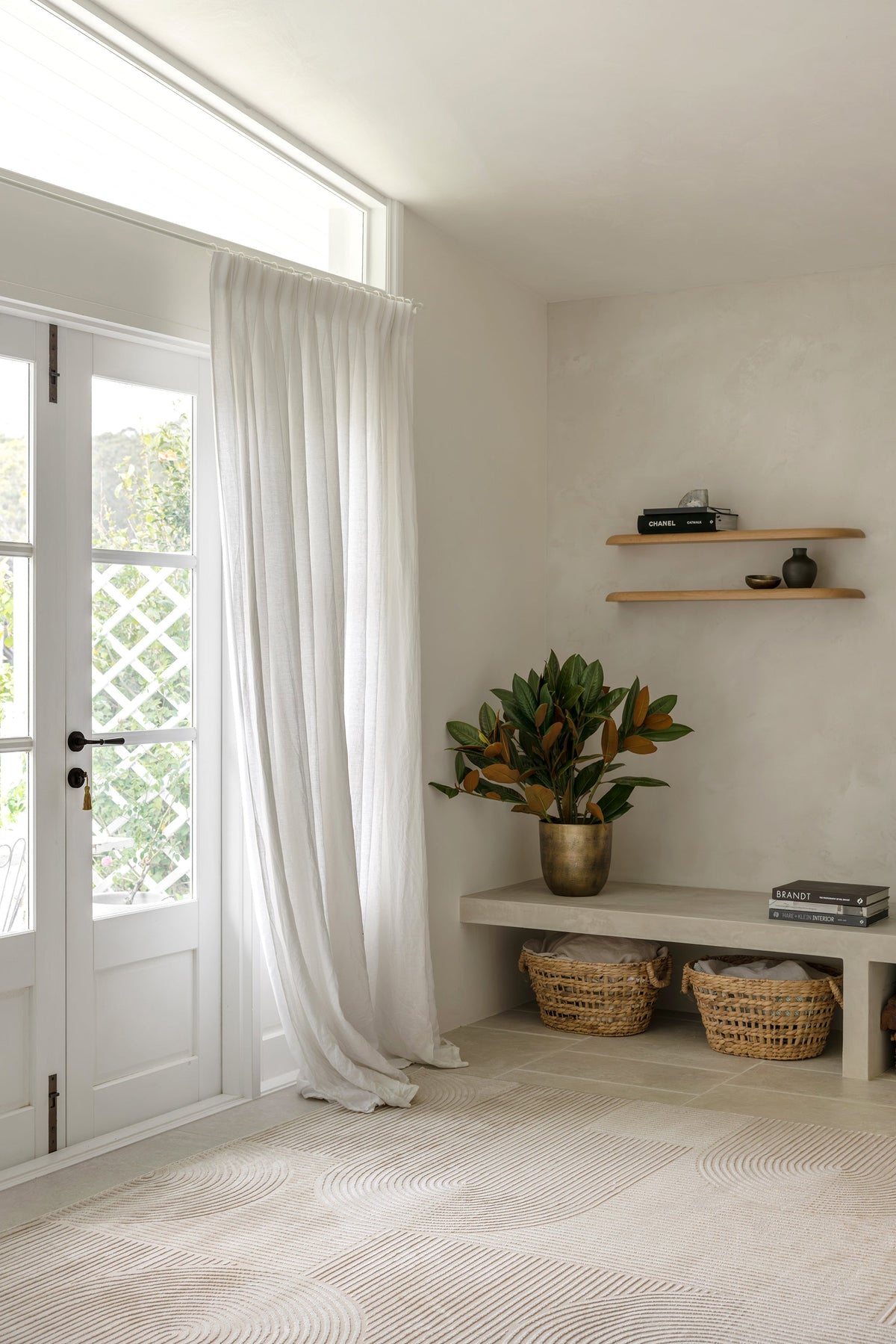 Colette Linen rug with soft arch pattern and neutral tones available at Rugs N Timber Belrose showroom