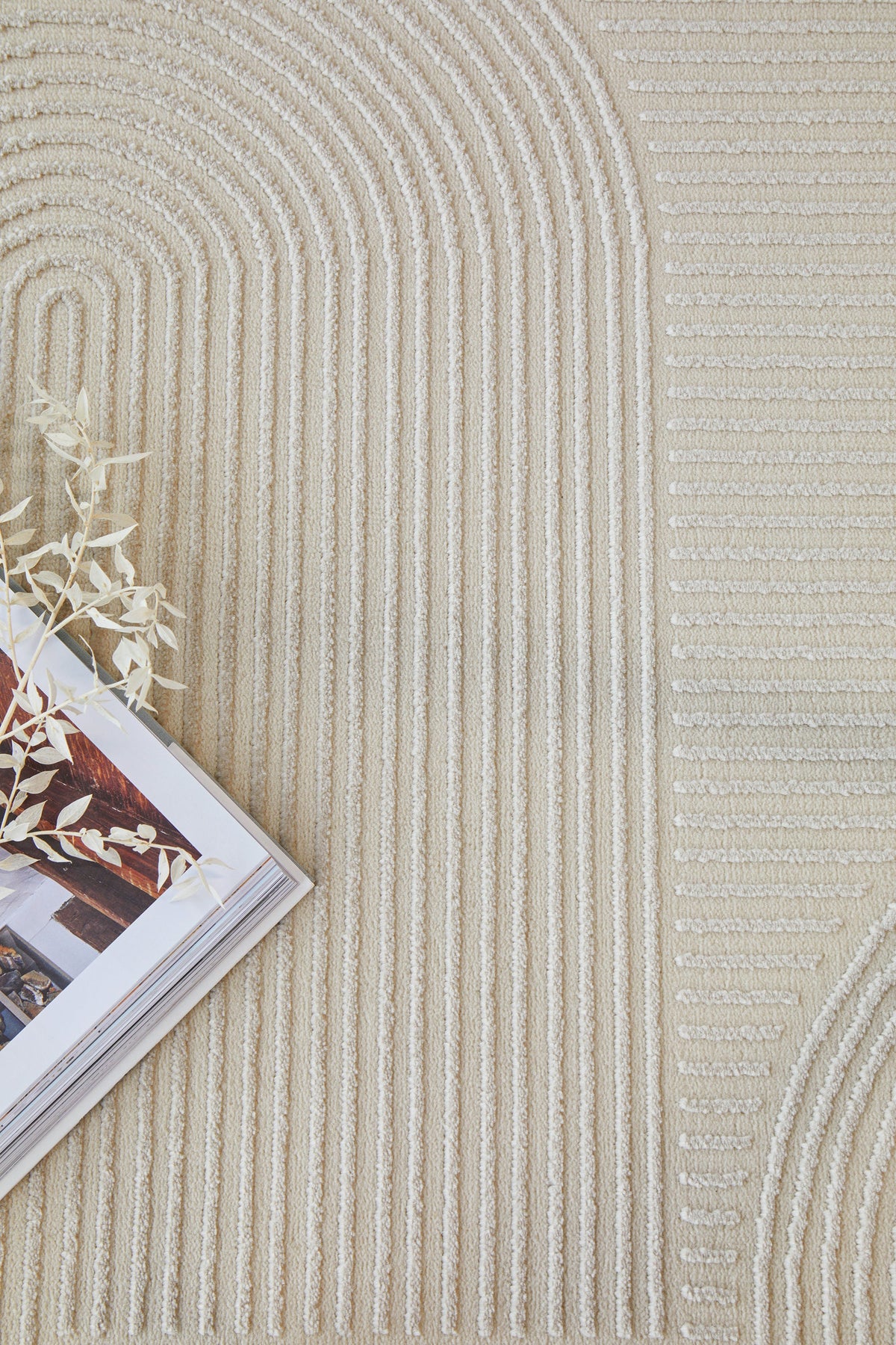Colette Linen rug with soft arch pattern and neutral tones available at Rugs N Timber Belrose showroom