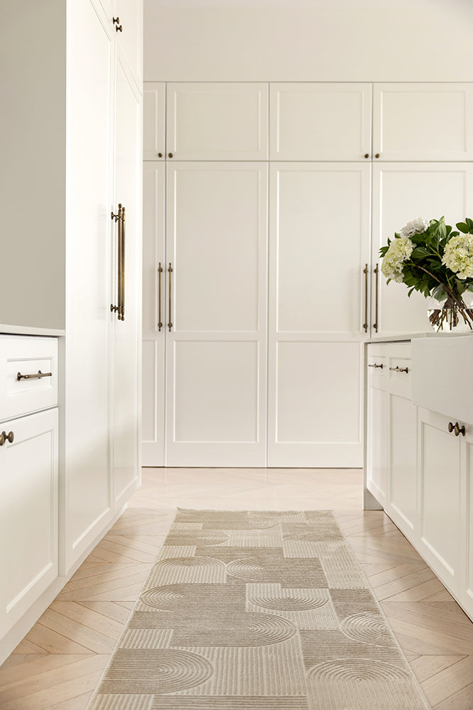 Colette Linen hallway runner rug with subtle arch pattern available at Rugs N Timber Belrose showroom