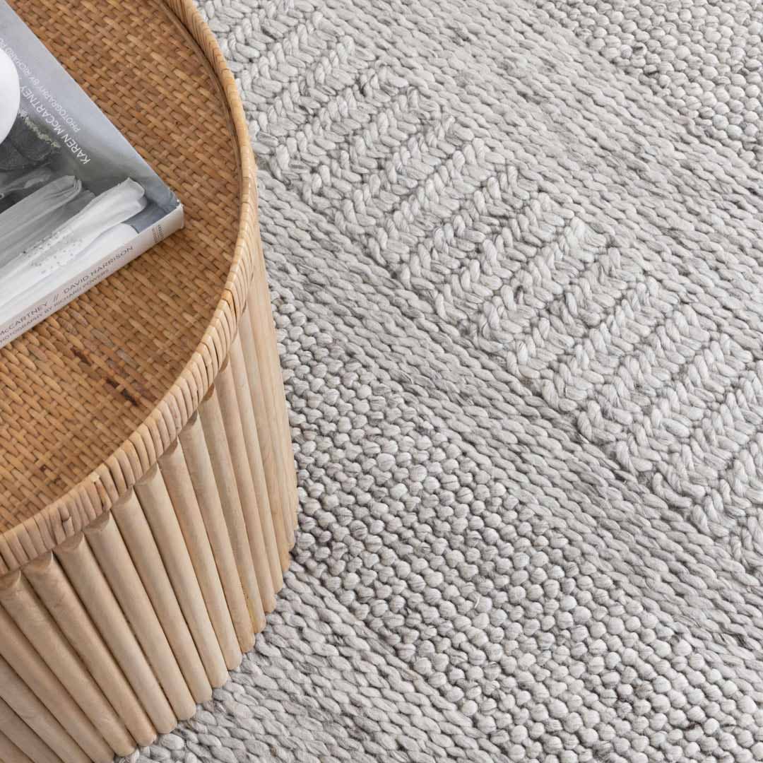 Dakota Plateau Flint handwoven New Zealand wool rug with textured weave available at Rugs N Timber Belrose showroom
