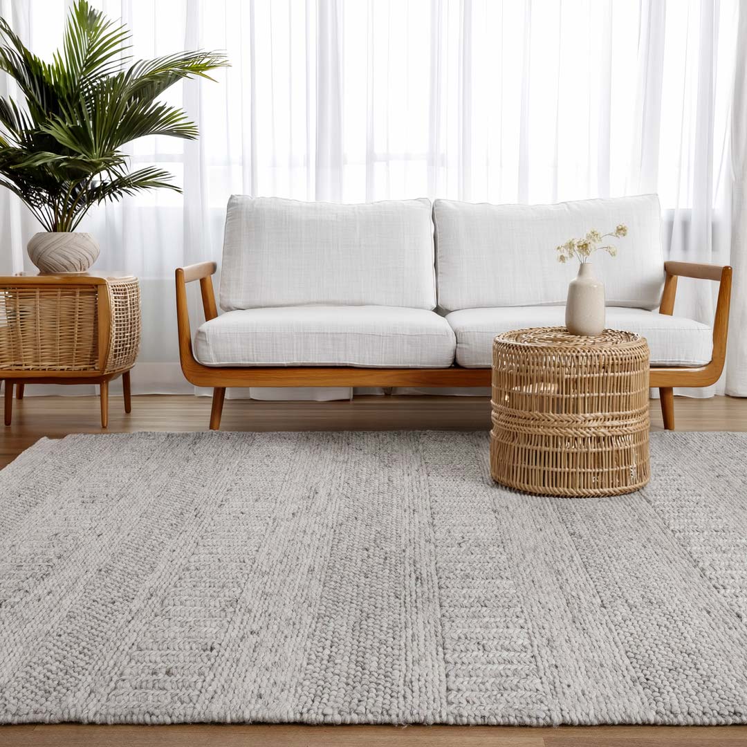 Dakota Plateau Flint handwoven New Zealand wool rug with textured weave available at Rugs N Timber Belrose showroom